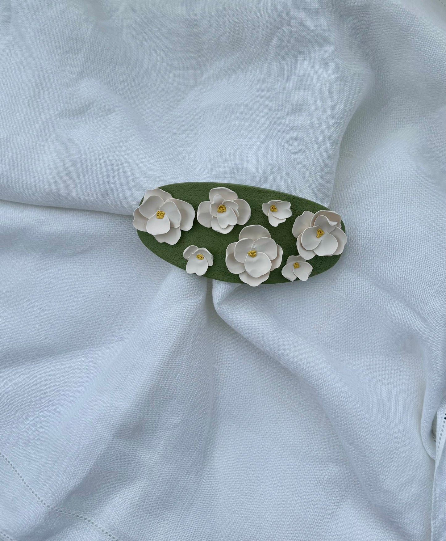 Large Green and Cream Floral Barrette