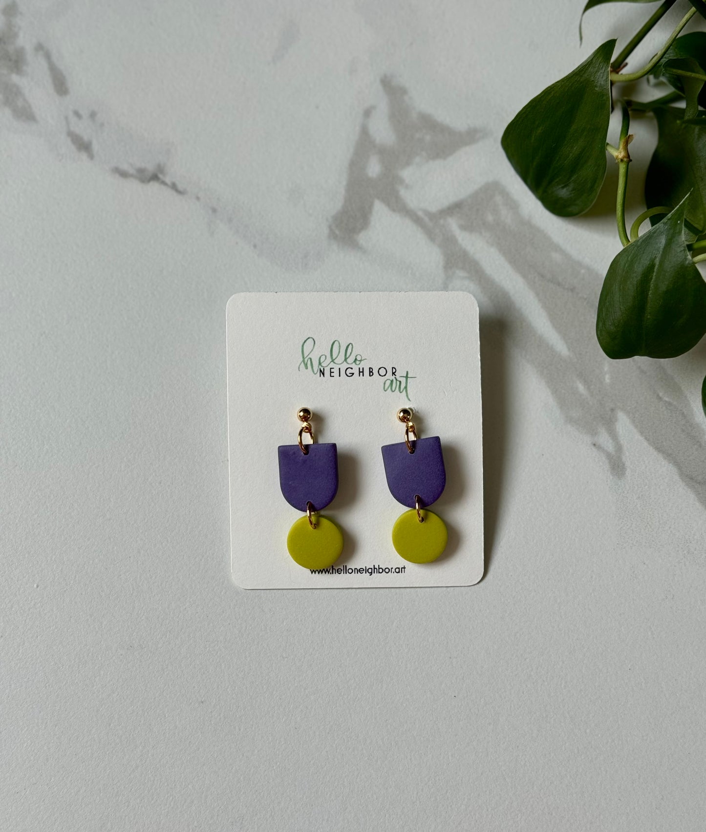 Purple and Lime Color Block Earrings