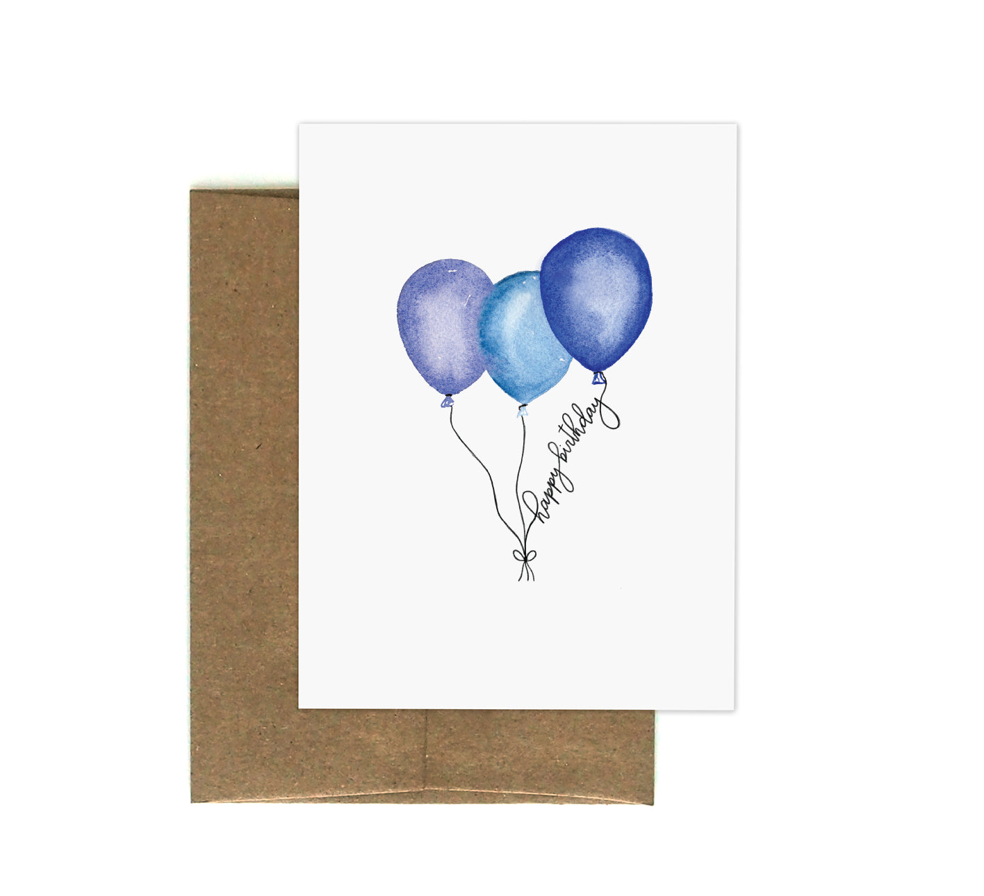 A card with three blue balloons and Happy Birthday written through the string