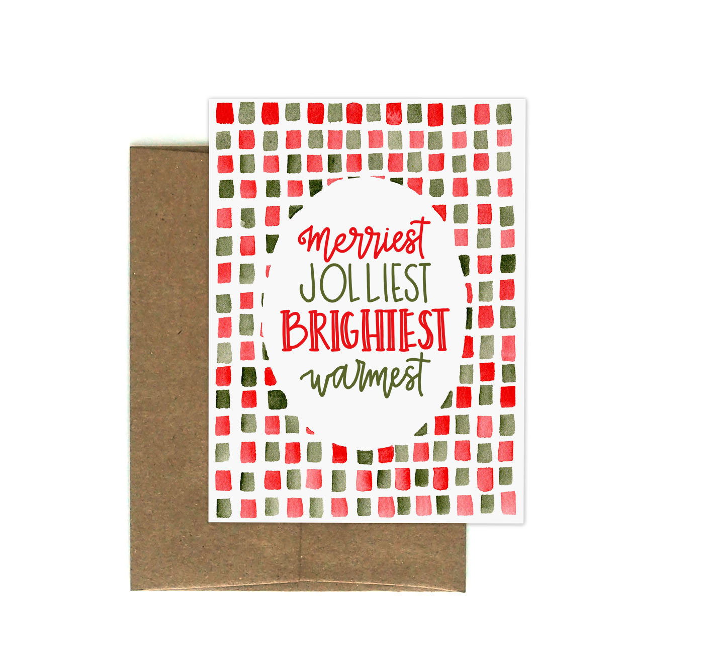 Greeting card with words merriest jolliest brightest warmest on the front